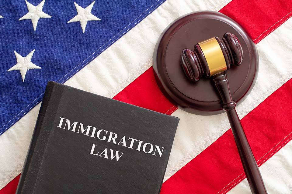 Immigration law text on black book and judge gavel on US of America flag background, top view. Migration, emigration visa in USA concept