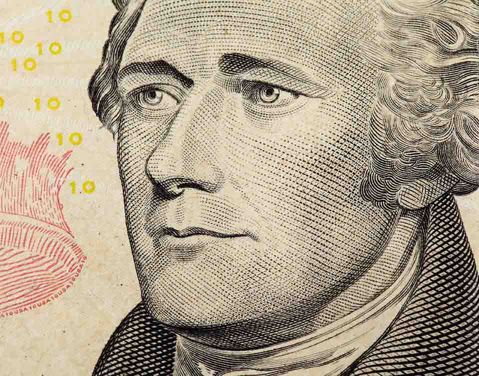 Alexander Hamilton on US ten dollars bank note close up